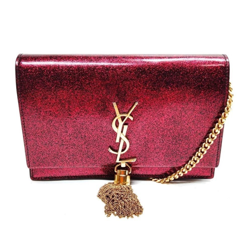 Auth Saint Laurent Ruby Patent Glitter Wallet On Chain Kate Clutch Shoulder Bag